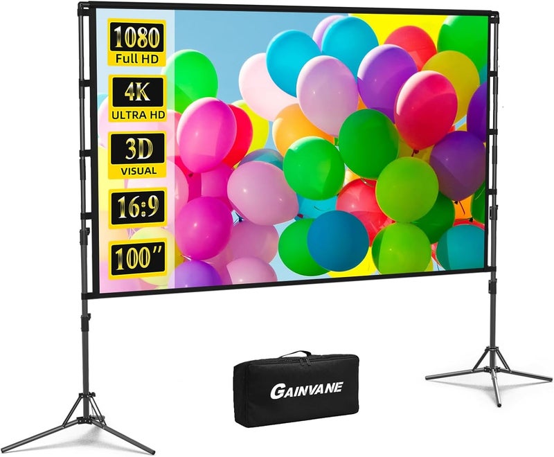 GAINVANE Projection Screen with Stand,100 inch Portable Movie Screen 16:9 HD 4K Double Sided Projection Screen with Carry Bag Indoor Outdoor Video Screen for Home Theater - Image 1